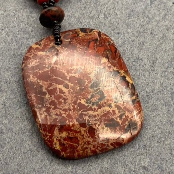 Jasper Stone Necklace Pendant Branch Oval Red Brown Copper Gray - Picture 9 of 10